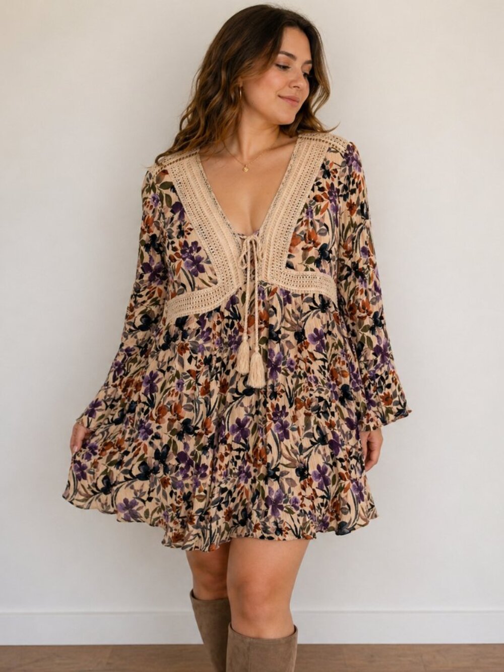 Boho Floral Mini Dress with Crochet Trim - Beige Purple Floral
